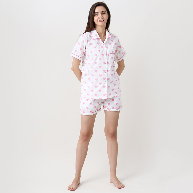 Women Pink Hearts Shorts Set