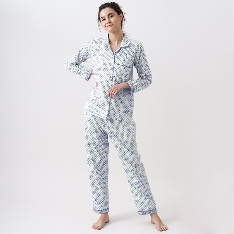 Women Jade Blockprint Pajama Set (Indigo)