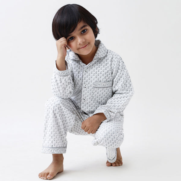 Jade Blockprint Pajama Set For Kids (Grey)