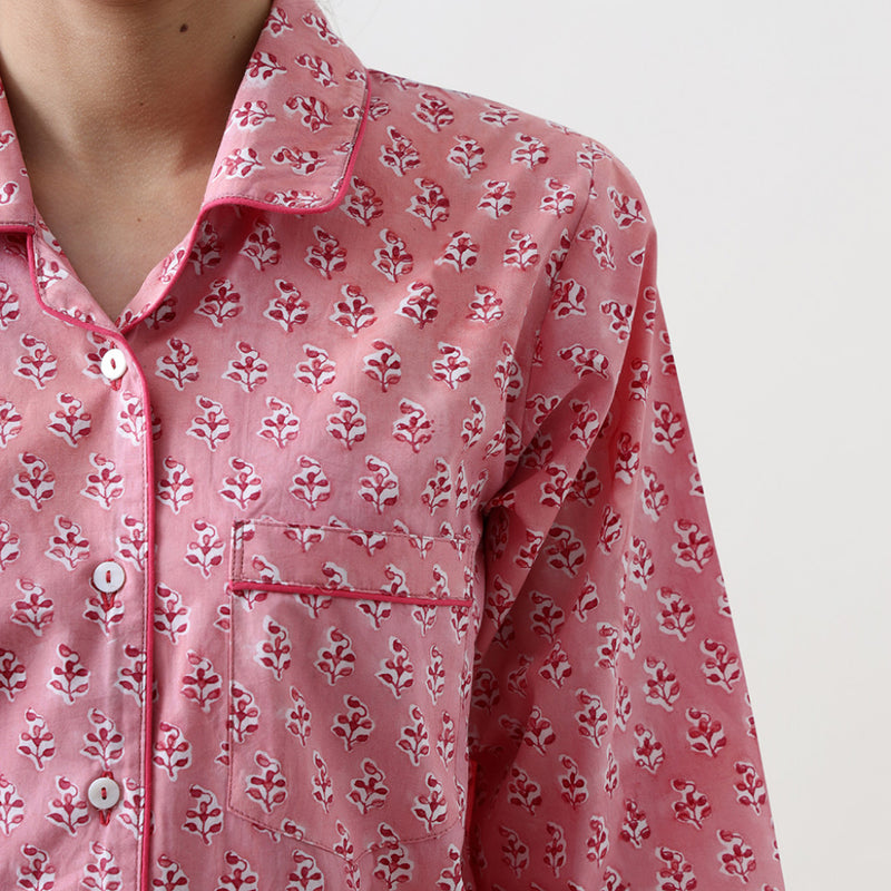 Women Lily Blockprint Pajama Set (Watermelon Pink)