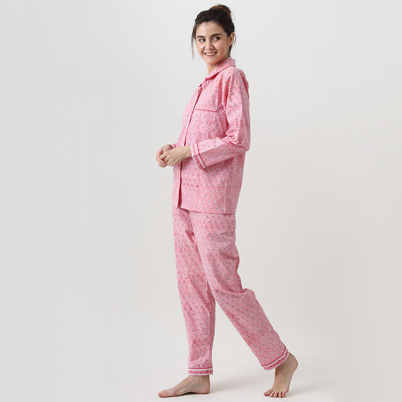 Women Lily Blockprint Pajama Set (Watermelon Pink)