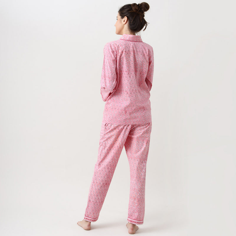 Women Lily Blockprint Pajama Set (Watermelon Pink)