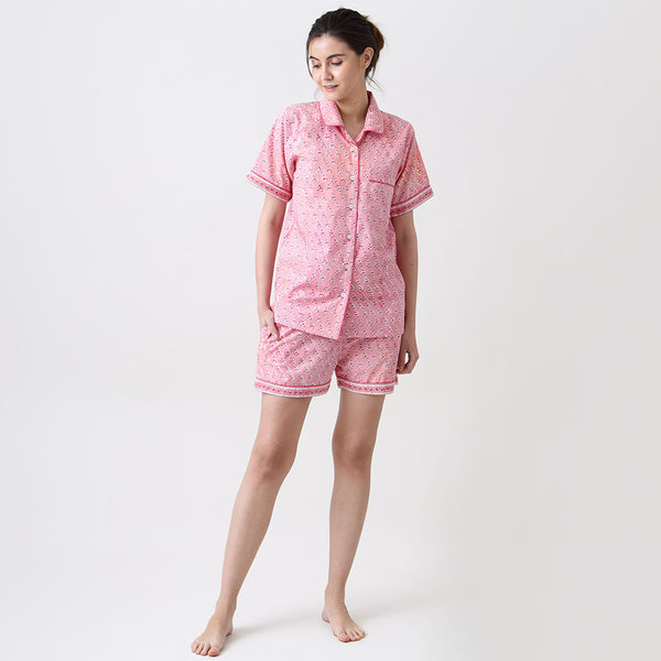 Women Lily Blockprint Shorts Set (Watermelon Pink)