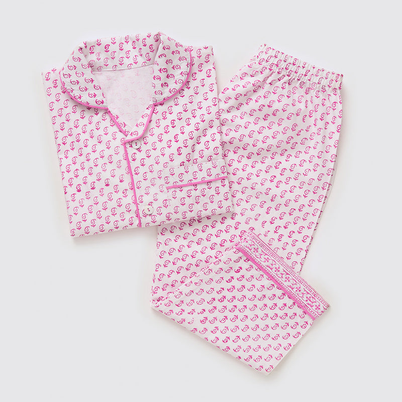 Women Jade Blockprint Pajama Set (Pink)