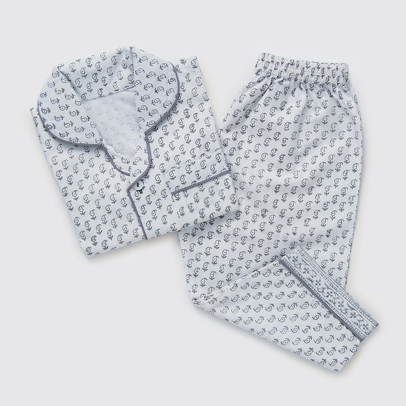 Women Jade Blockprint Pajama Set (Grey)