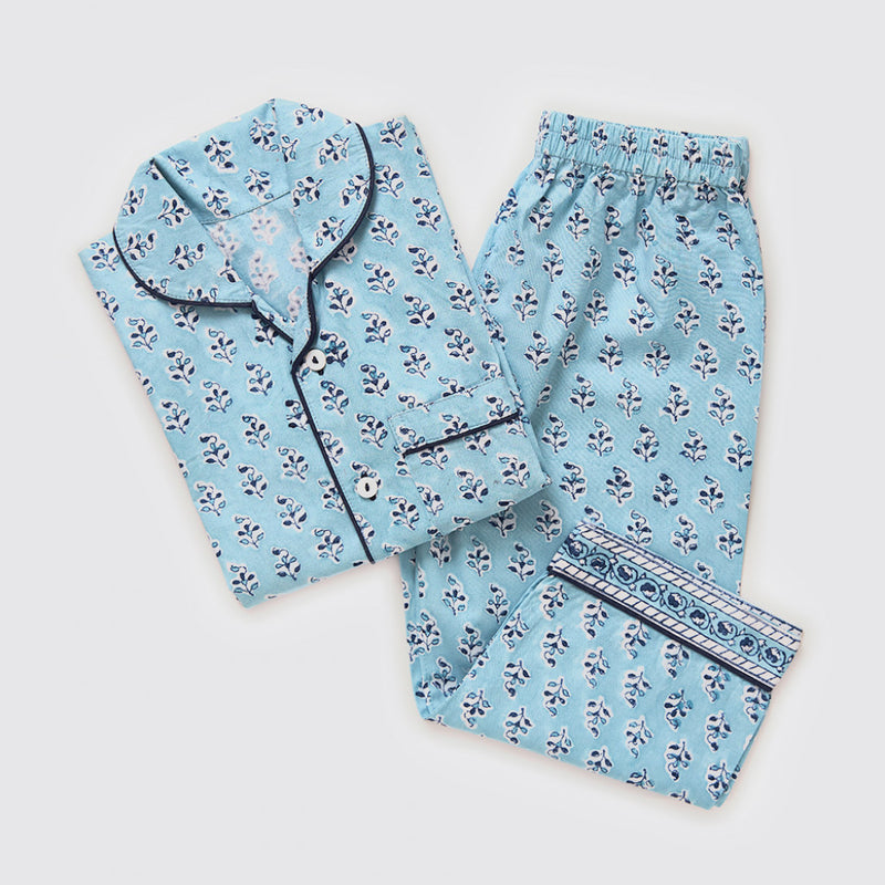 Women Lily Blockprint Pajama Set (English Blue)