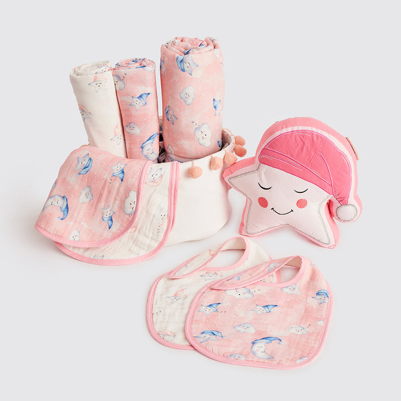 Favorite Essentials Organic Muslin Gift Hamper (Celestial-Pink)