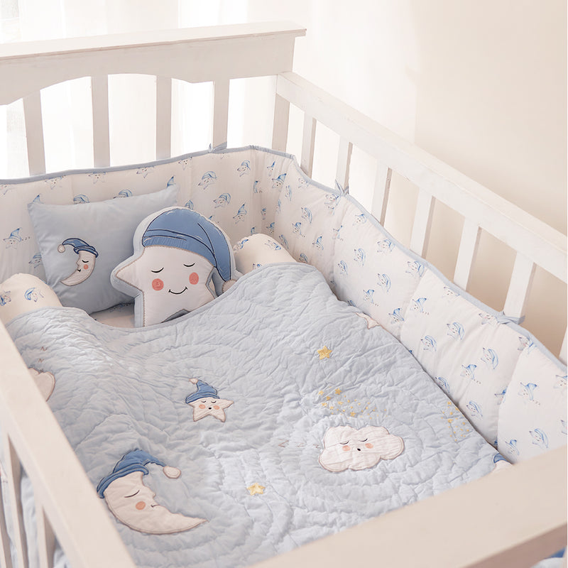 Blue cot bumper strapshot set