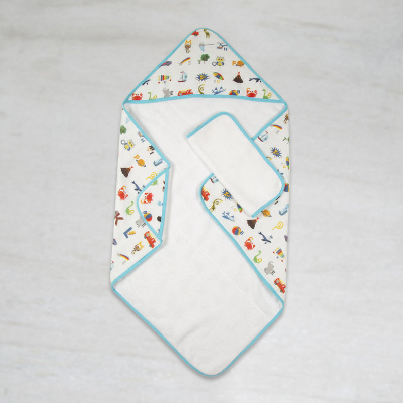 Alphabets Blue Organic Muslin Hooded Towel