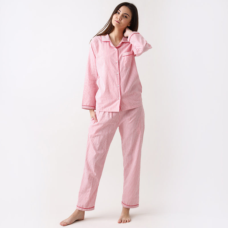 Women Classic Pink Stripes Pajama Set