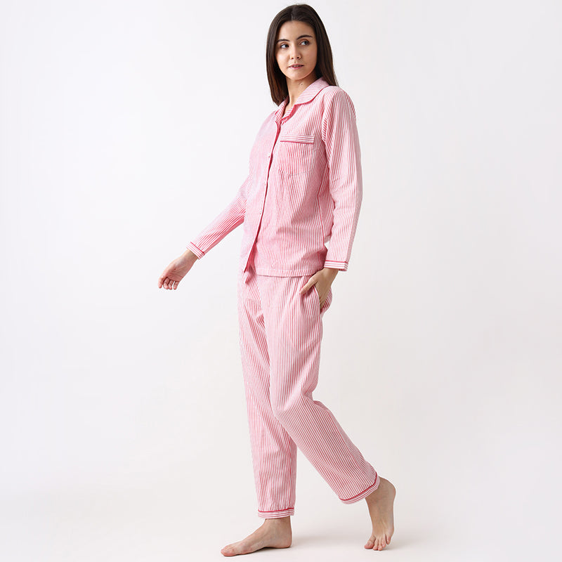 Women Classic Pink Stripes Pajama Set