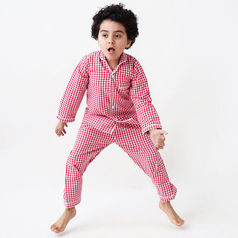 Classic Red Gingham Pajama Set For Kids