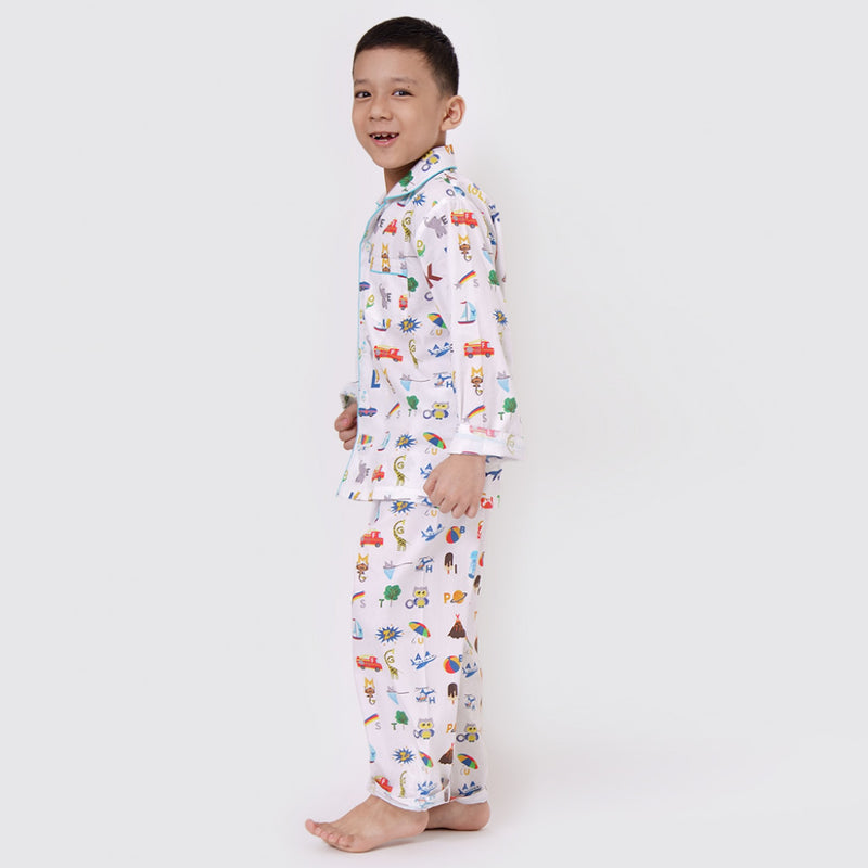 Alphabets Blue Organic Pajama Set For Kids