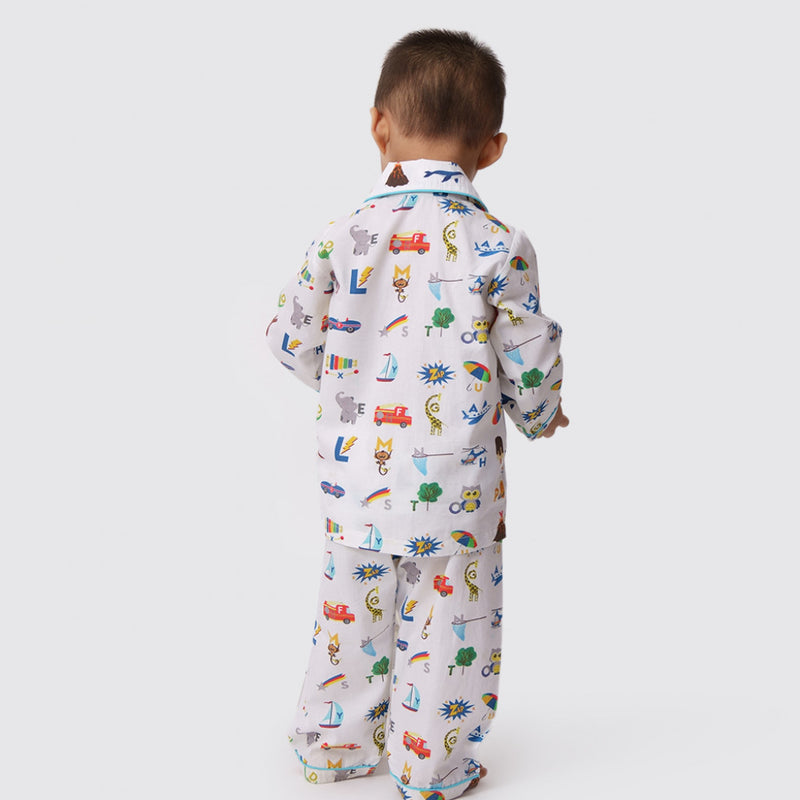 Alphabets Blue Organic Pajama Set For Kids