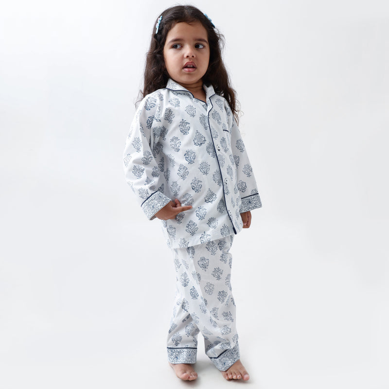 Madison Blockprint Pajama Set For Kids (Indigo)