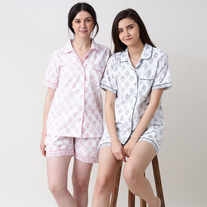 Women Madison Blockprint Shorts Set (Indigo)